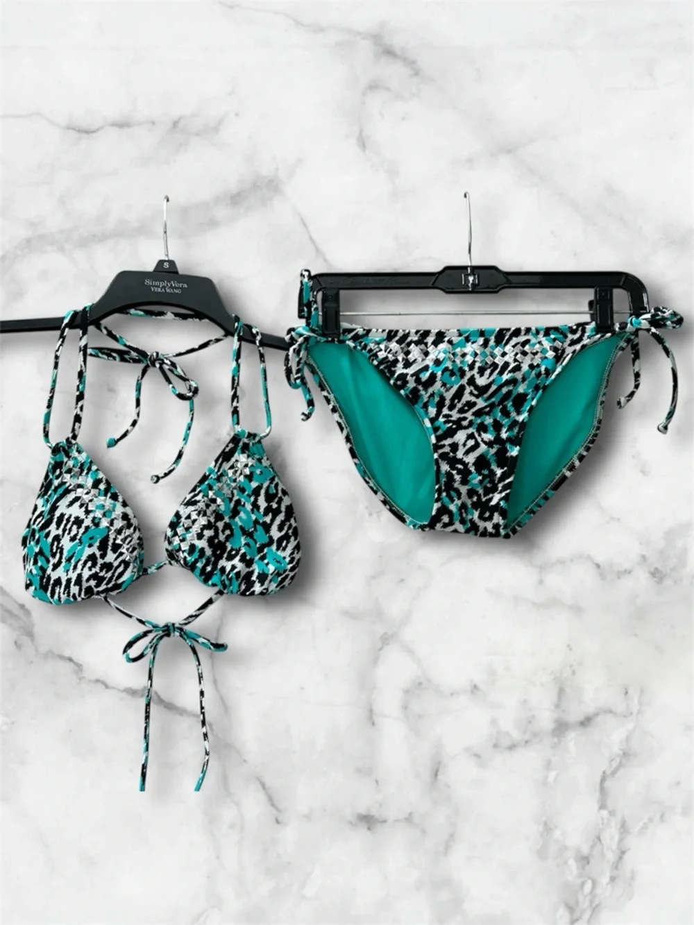 Xhilaration Turquoise Cheetah Animal Print Jeweled Bikini Adjustable Size L - Picture 2 of 12